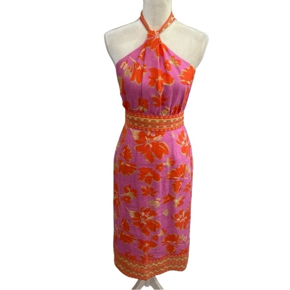 Antonio Melani Naomi Mandarin Floral Printed Linen Halter Dress Pink Orange $189 - Picture 10 of 15